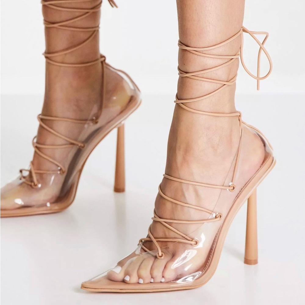 Tan and Clear Strappy Heels | NEVER WORN, IN-BOX | Women’s US size 8, UK size 6